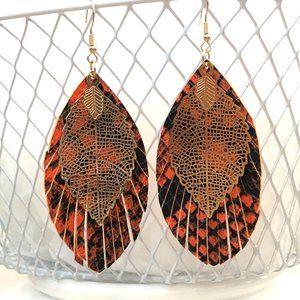 NEW Orange Snakeskin Pattern Leather & Metal Leaf Design Dangle Pierced Earrings